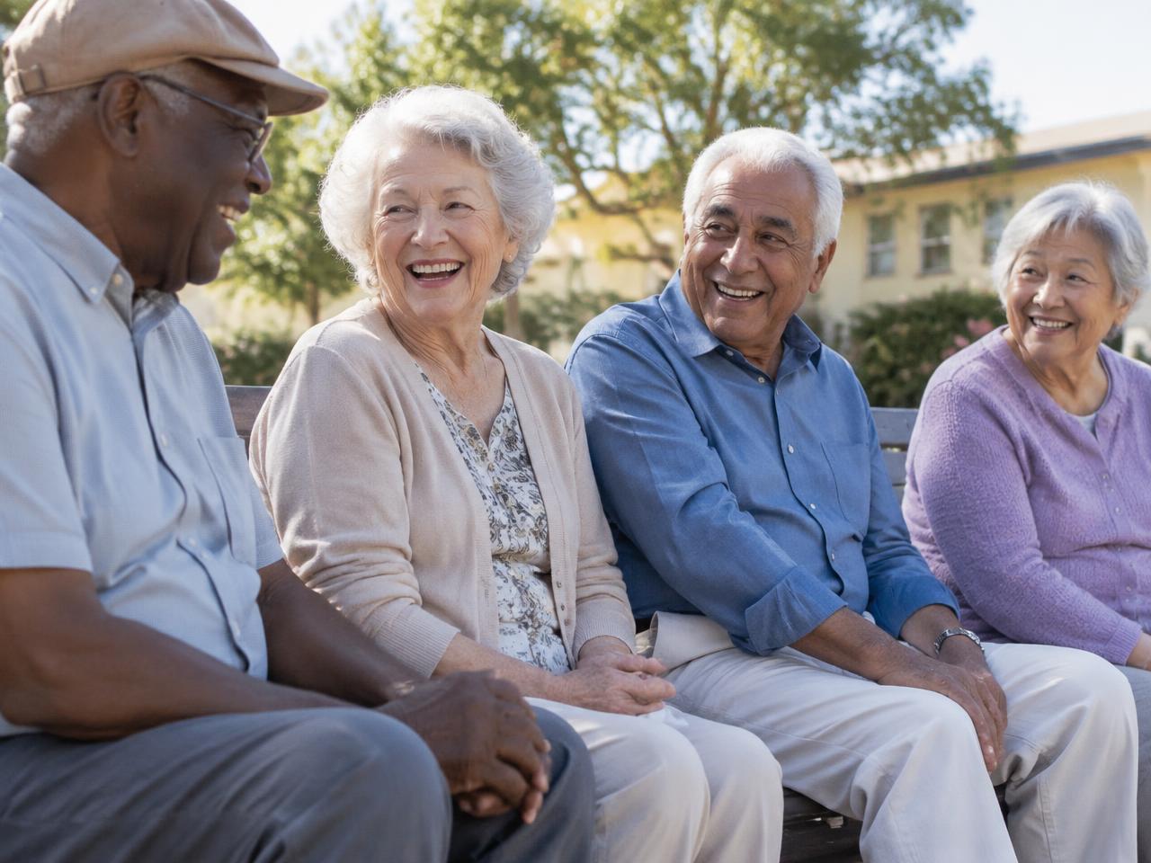 Four older adults smiling and talking together on a park bench